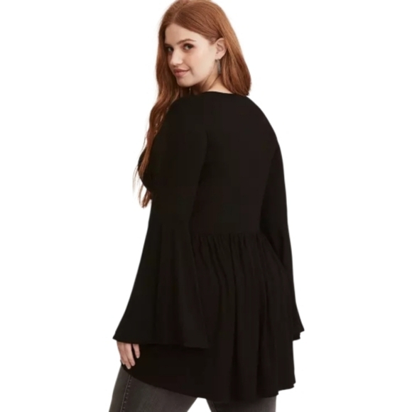 Torrid Super Soft Black Crew Neck O-Ring Babydoll Tunic Top Long Bell Sleeve - Picture 5 of 8